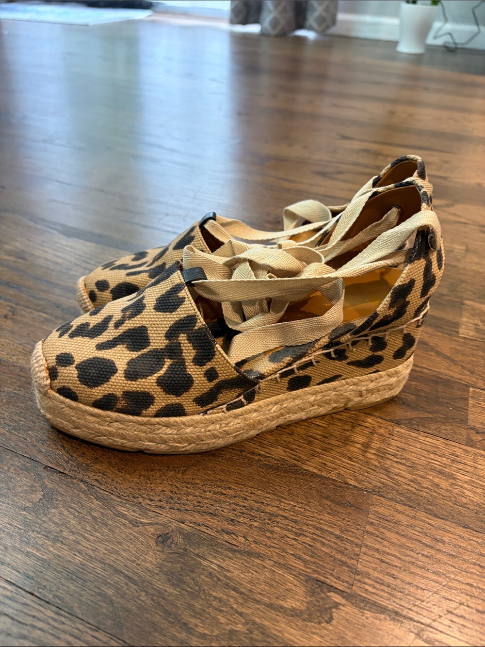 Ralph Lauren Leopard Espadrille Wedge with Tie-Up Ribbons - Beige/Black